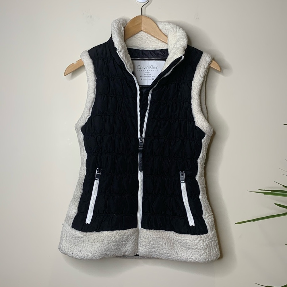 Calvin Klein Performance | Black Cream Quilted Faux Sherpa Trim Puffer Vest XS